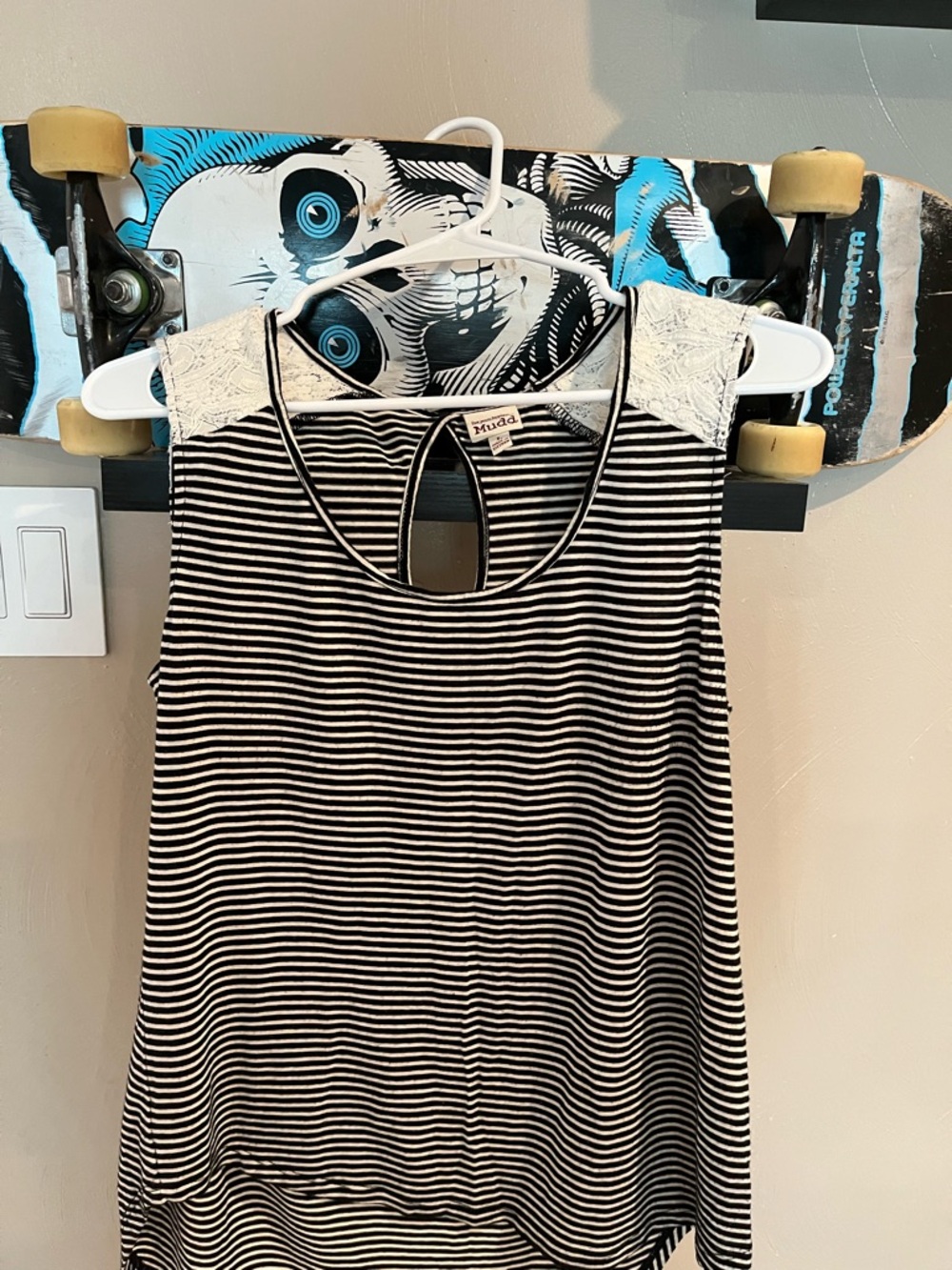 Mudd Black & White Striped Tank with Lace Shoulders